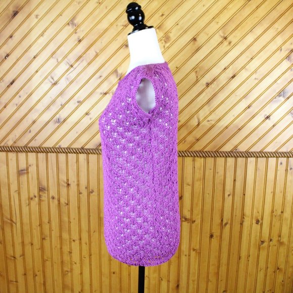 Purple Open Stitch Sweater Short Sleeve Handknit Handmade Small Knit Fall CA123 - Picture 4 of 9